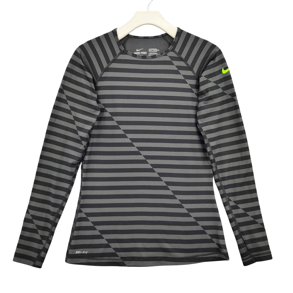 Nike Womens Athleisure Gorpcore Pro Combat Top M Gray Striped Dri-FIT Thumbhole